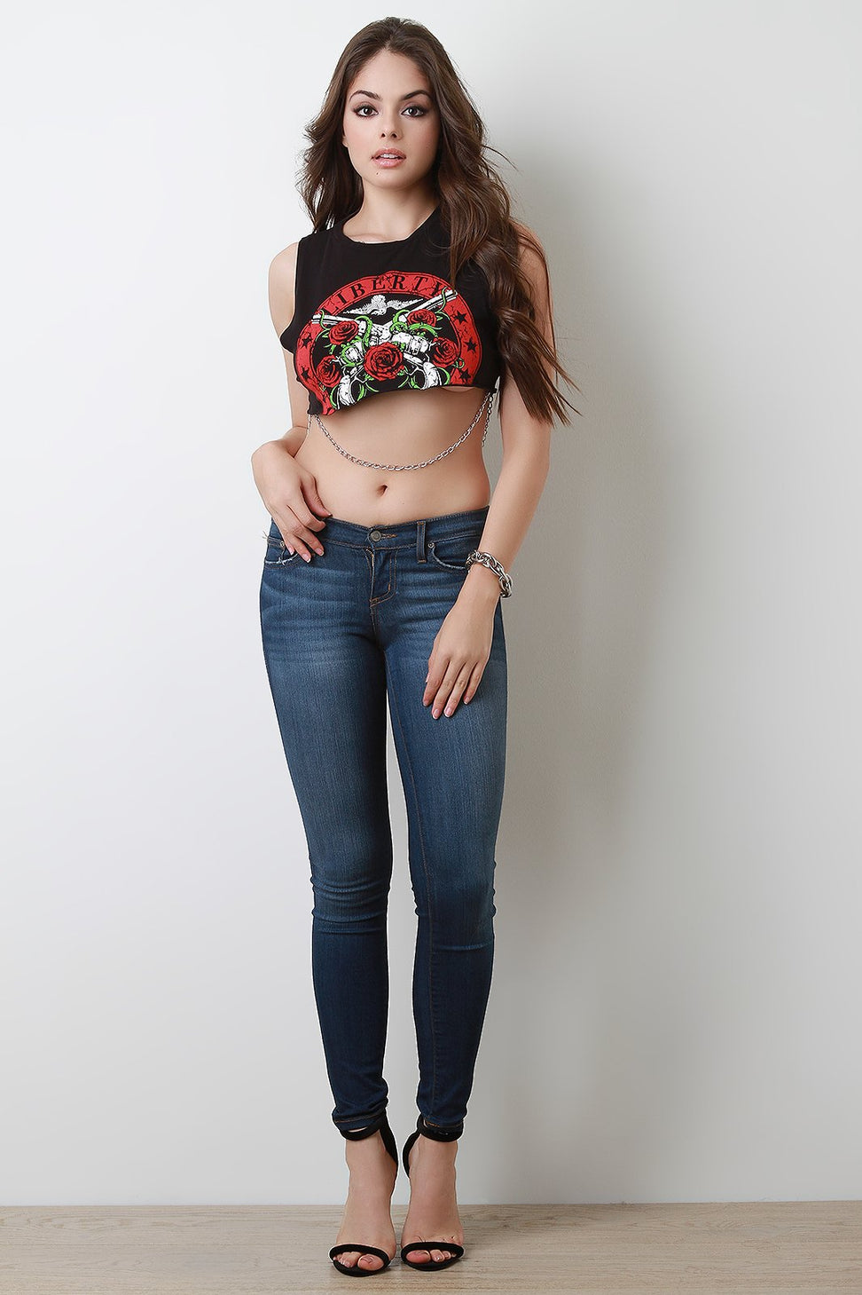 Graphic Print Draped Chain Raw Edge Crop Top