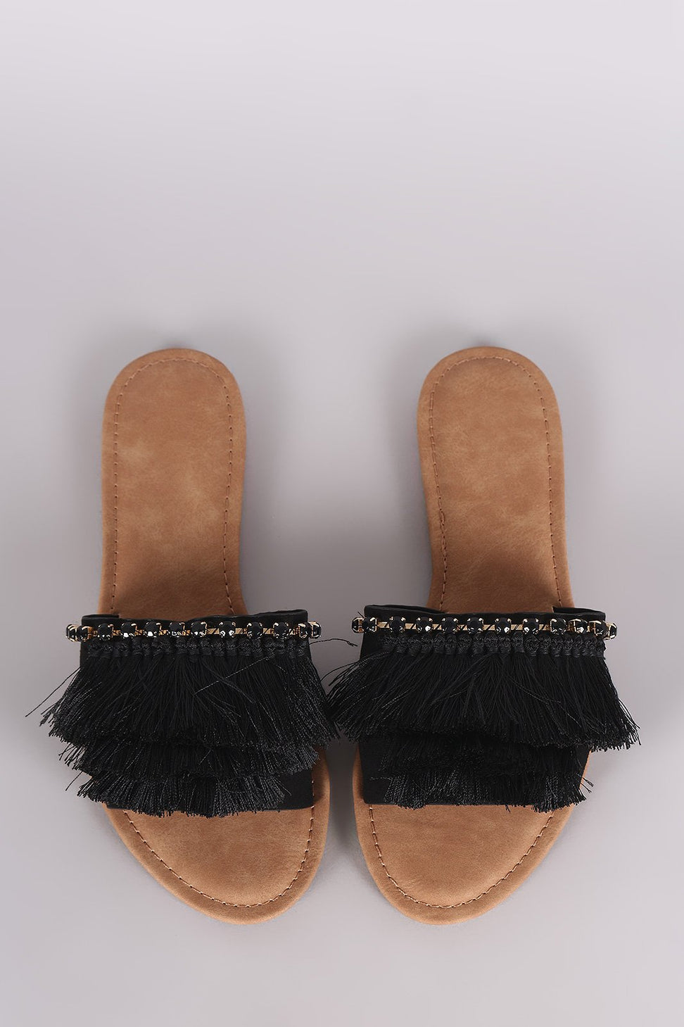 Bamboo Suede Tiered Fringe Rhinestone Slide Sandal