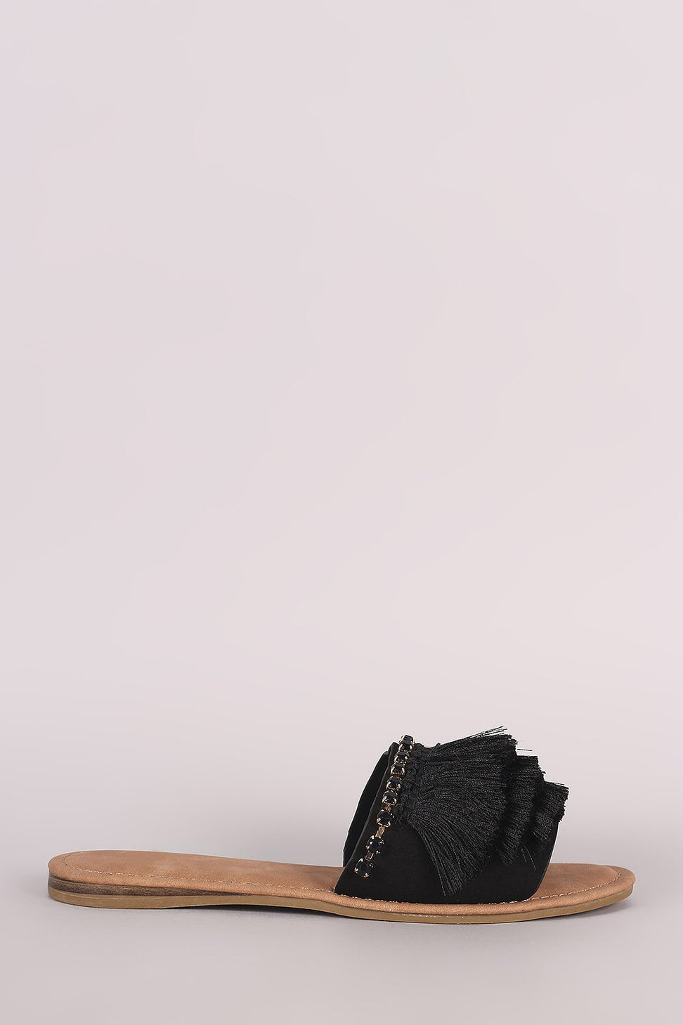 Bamboo Suede Tiered Fringe Rhinestone Slide Sandal