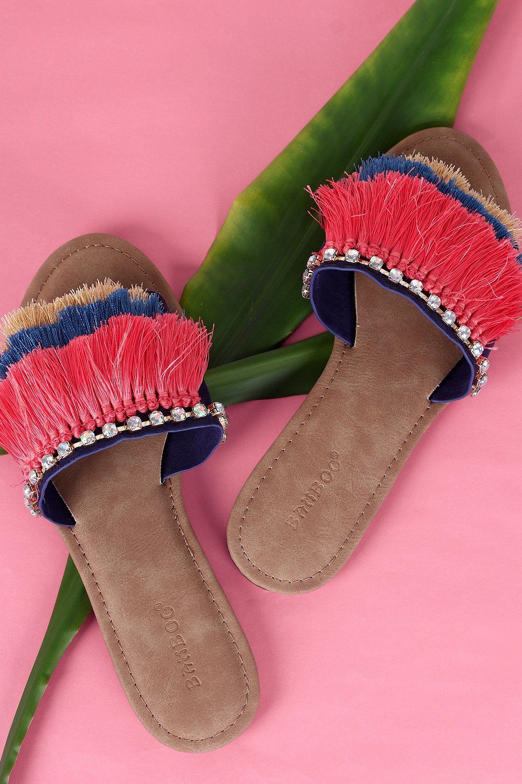 Bamboo Suede Tiered Fringe Rhinestone Slide Sandal