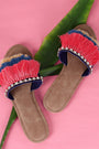 Bamboo Suede Tiered Fringe Rhinestone Slide Sandal