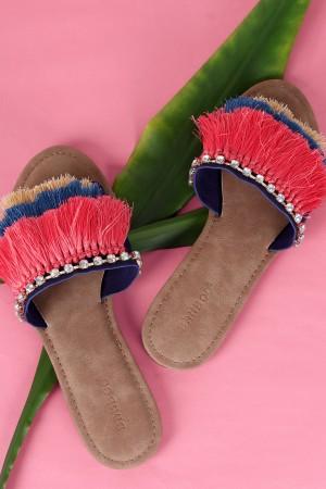 Bamboo Suede Tiered Fringe Rhinestone Slide Sandal