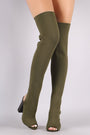 Bamboo Stretchy Knit Peep Toe Chunky Heeled Over-The-Knee Boots
