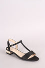Bamboo Satin T-Strap Faux Pearl Heel Sandal