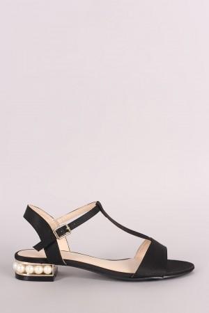 Bamboo Satin T-Strap Faux Pearl Heel Sandal