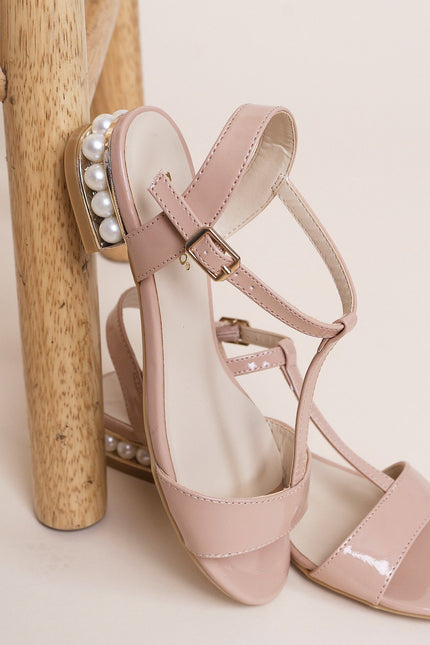 Bamboo Patent T-Strap Faux Pearl Heel Sandal