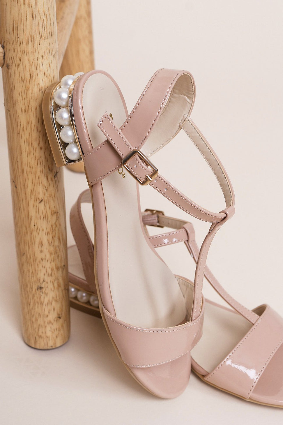 Bamboo Patent T-Strap Faux Pearl Heel Sandal