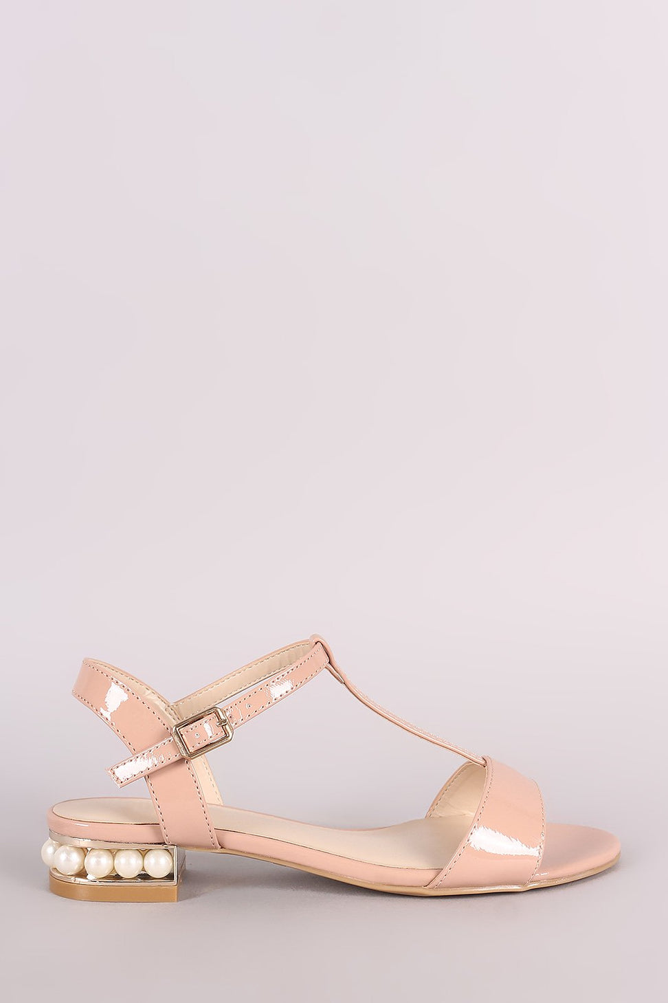 Bamboo Patent T-Strap Faux Pearl Heel Sandal