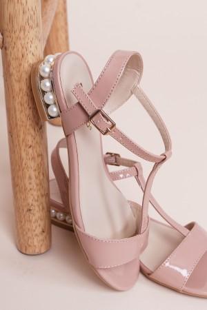 Bamboo Patent T-Strap Faux Pearl Heel Sandal