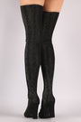 Bamboo Glitter Knit Pointy Toe Chunky Heel Over-The-Knee Boots