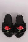 Embroidered Rosette Faux Fur Slide Sandal