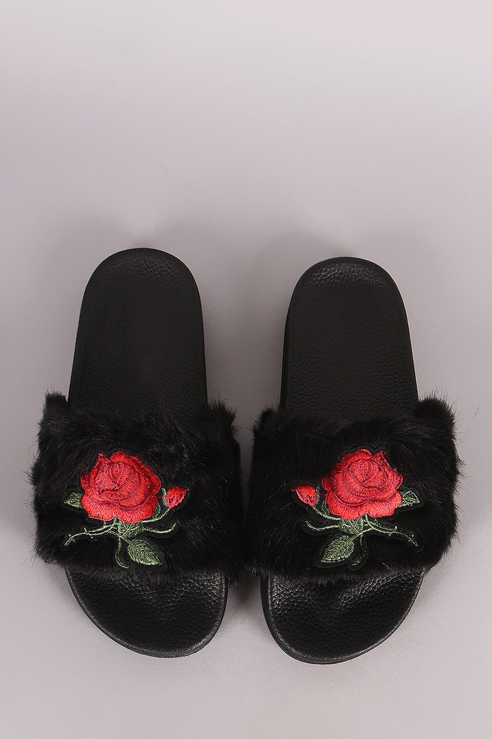 Embroidered Rosette Faux Fur Slide Sandal