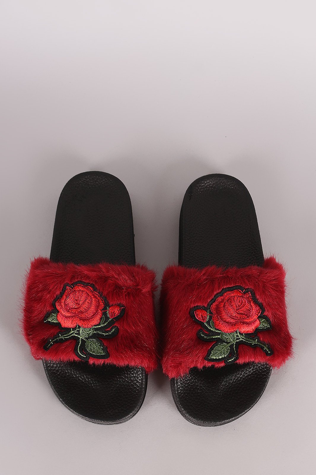 Embroidered Rosette Faux Fur Slide Sandal