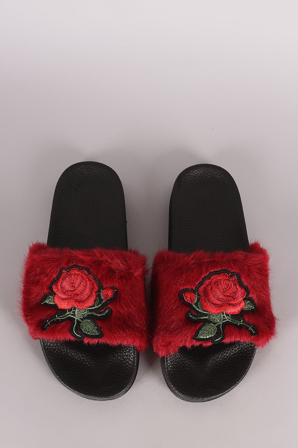 Embroidered Rosette Faux Fur Slide Sandal