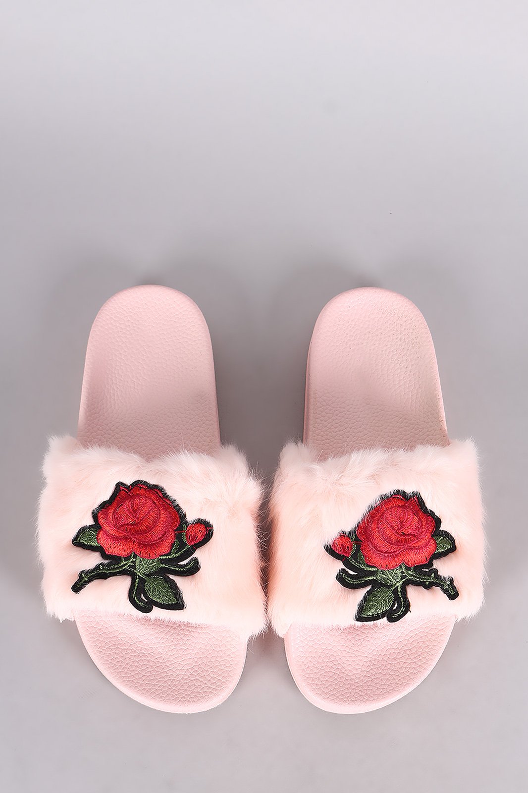 Embroidered Rosette Faux Fur Slide Sandal