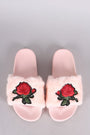 Embroidered Rosette Faux Fur Slide Sandal