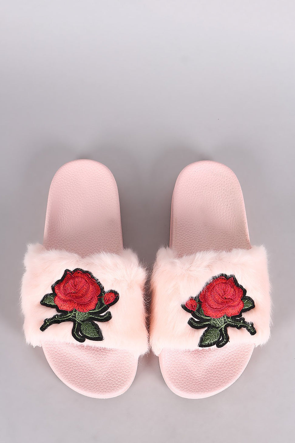 Embroidered Rosette Faux Fur Slide Sandal
