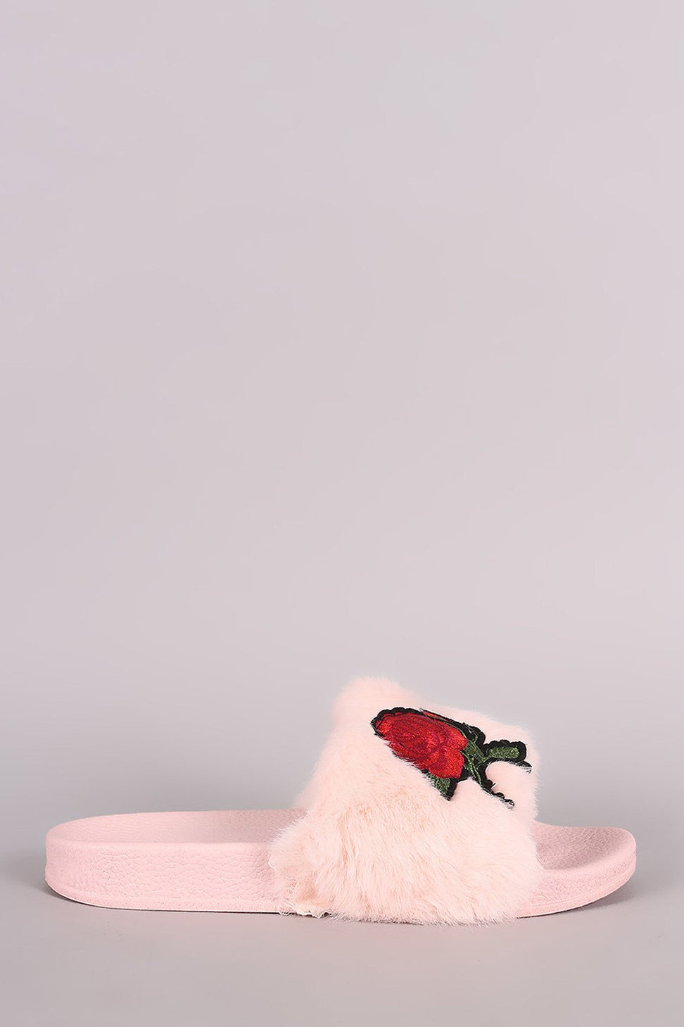 Embroidered Rosette Faux Fur Slide Sandal
