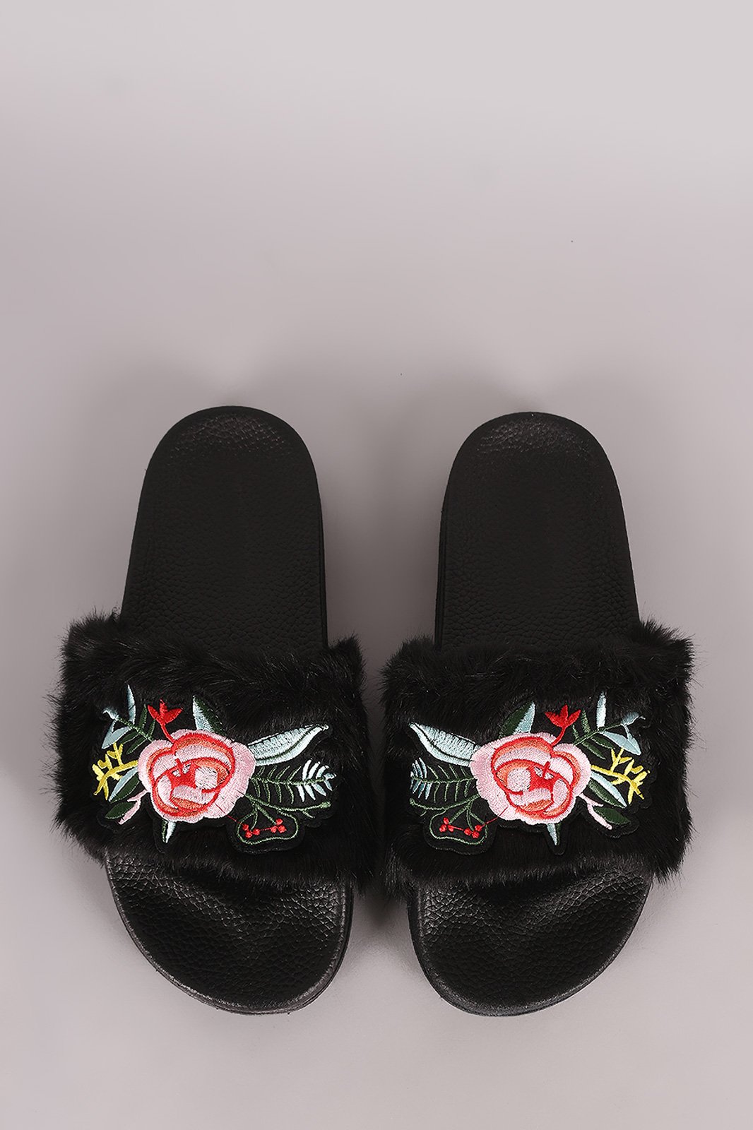 Embroidered Floral Faux Fur Slide Sandal