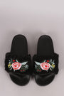 Embroidered Floral Faux Fur Slide Sandal