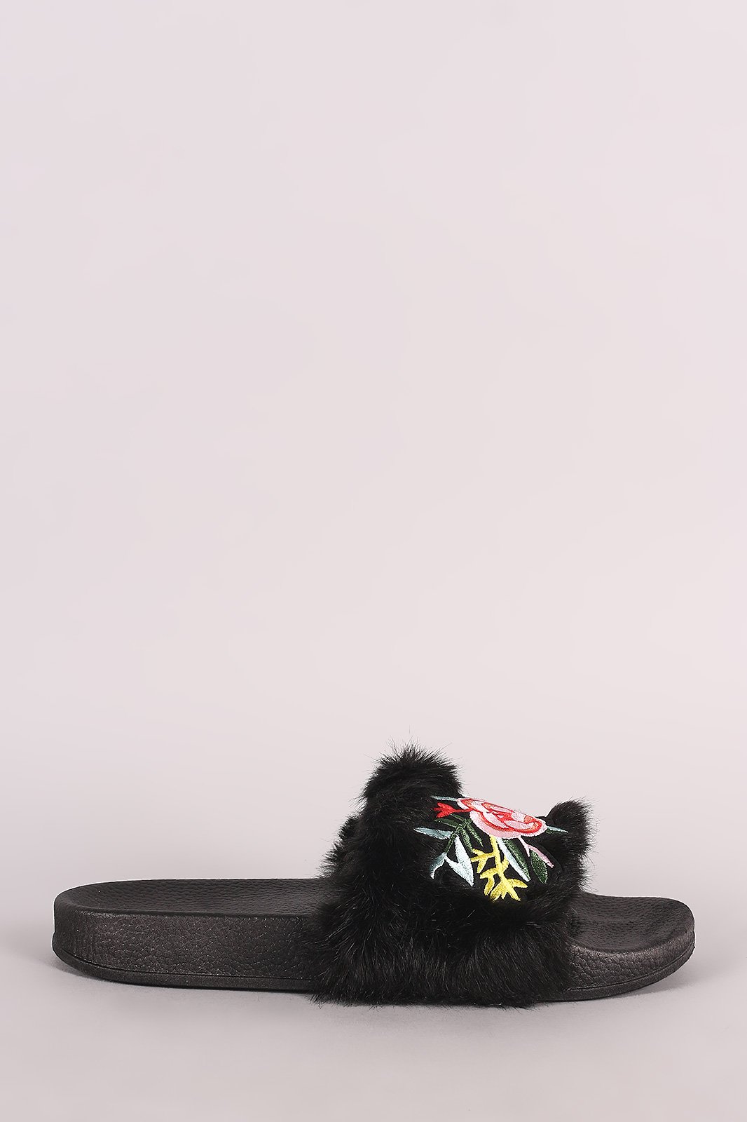 Embroidered Floral Faux Fur Slide Sandal