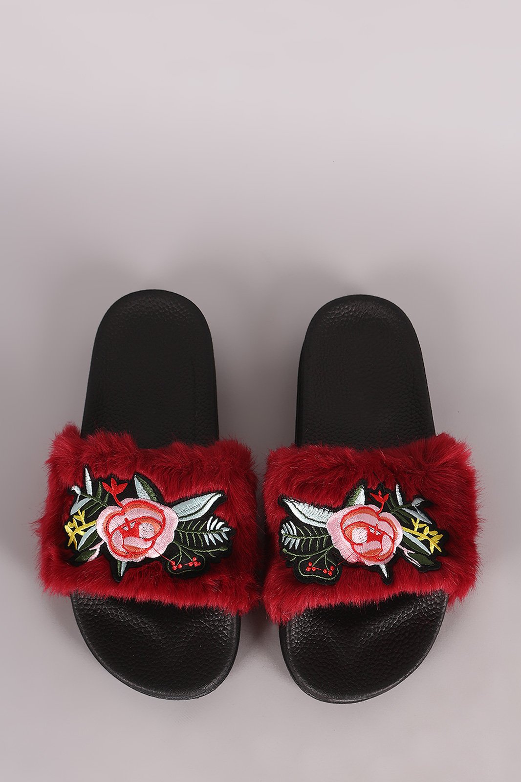 Embroidered Floral Faux Fur Slide Sandal
