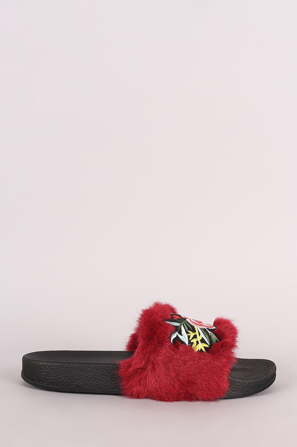Embroidered Floral Faux Fur Slide Sandal