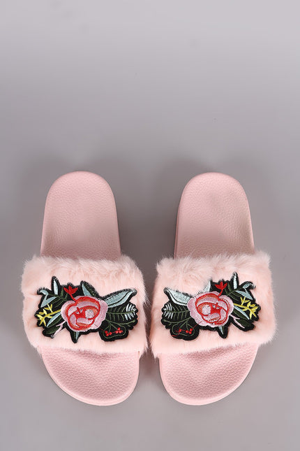 Embroidered Floral Faux Fur Slide Sandal