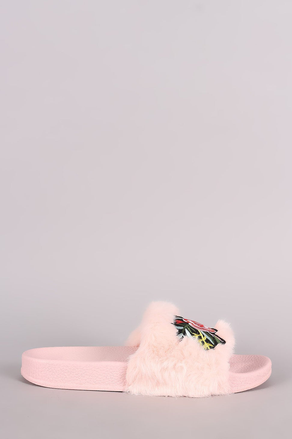Embroidered Floral Faux Fur Slide Sandal