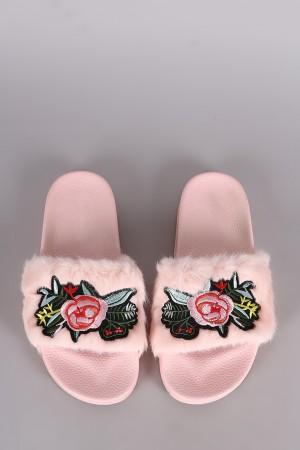 Embroidered Floral Faux Fur Slide Sandal