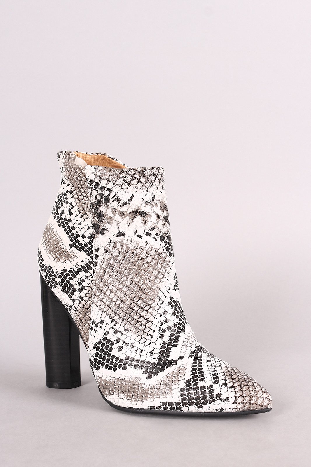 Qupid Python Pointy Toe Chunky Heeled Ankle Boots