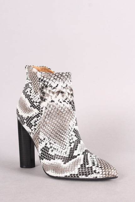 Qupid Python Pointy Toe Chunky Heeled Ankle Boots