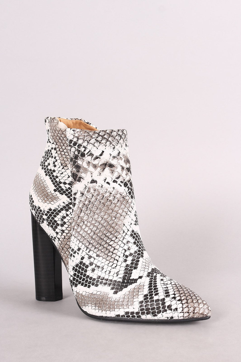 Qupid Python Pointy Toe Chunky Heeled Ankle Boots