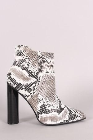 Qupid Python Pointy Toe Chunky Heeled Ankle Boots