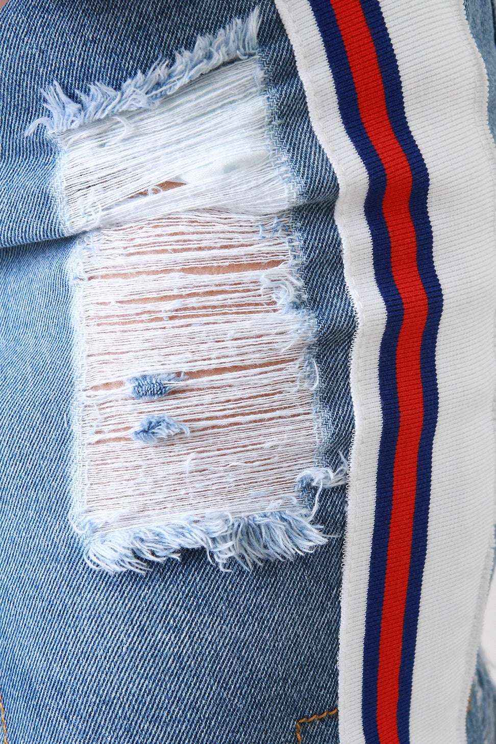 Sporty Striped Asymmetric Distress Denim Skirt