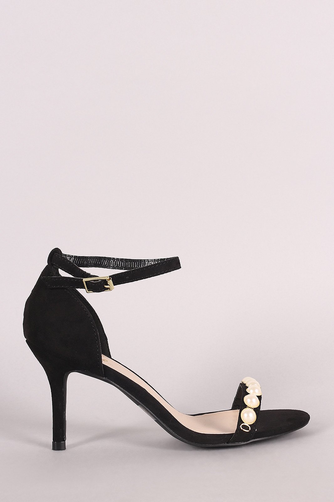 Qupid Suede Faux Pearl Accent Ankle Strap Dress Heel