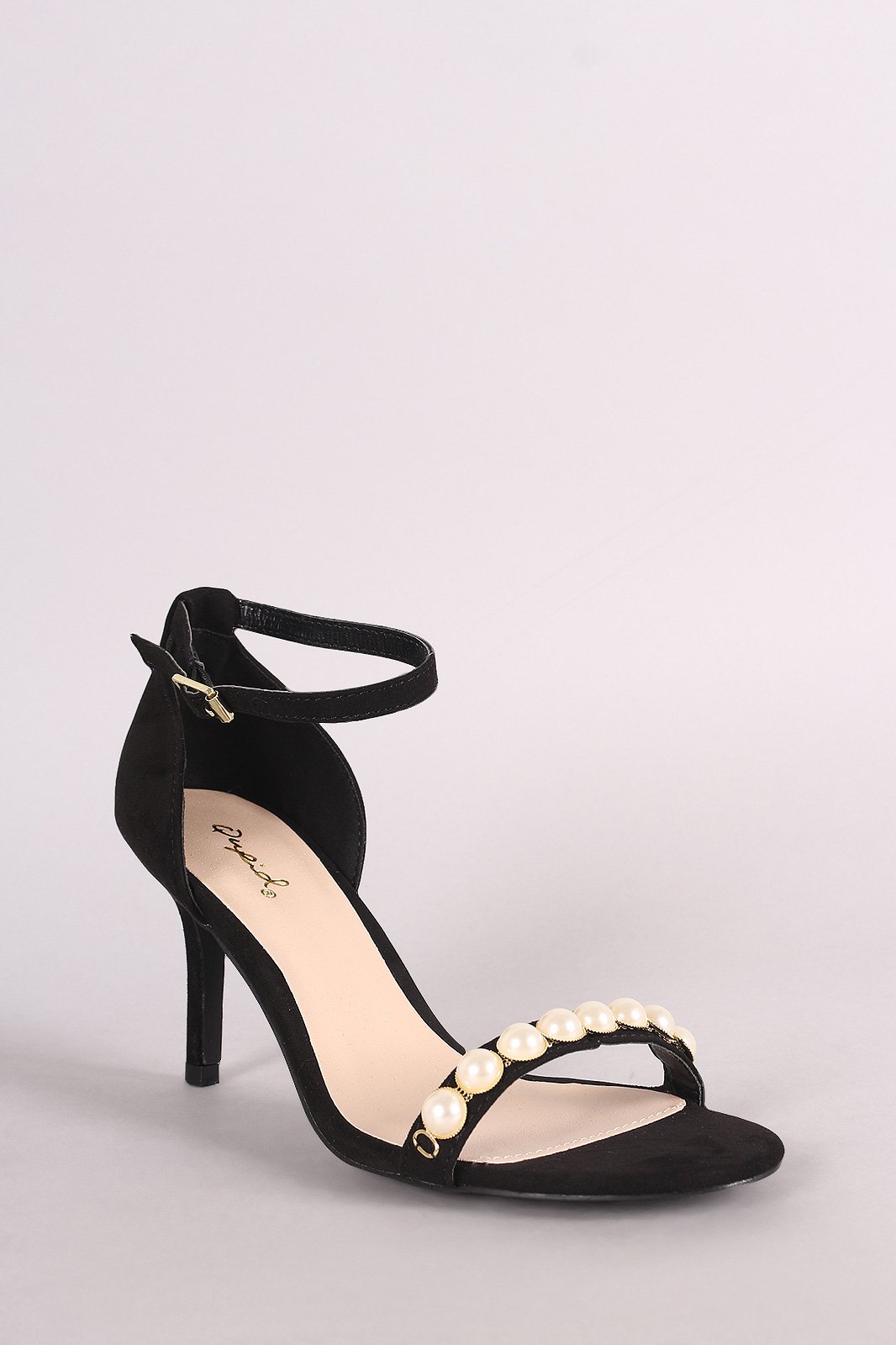 Qupid Suede Faux Pearl Accent Ankle Strap Dress Heel