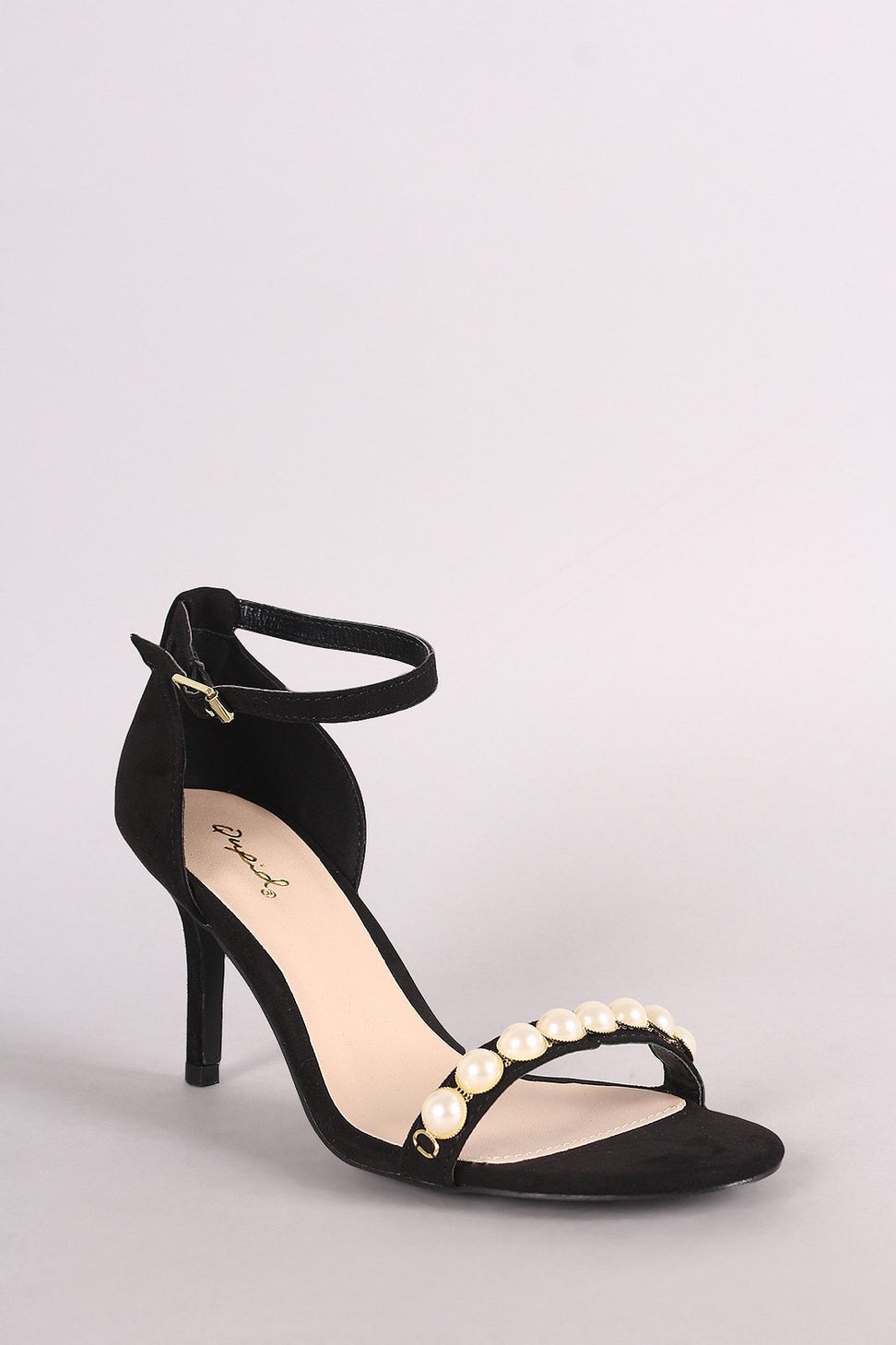 Qupid Suede Faux Pearl Accent Ankle Strap Dress Heel