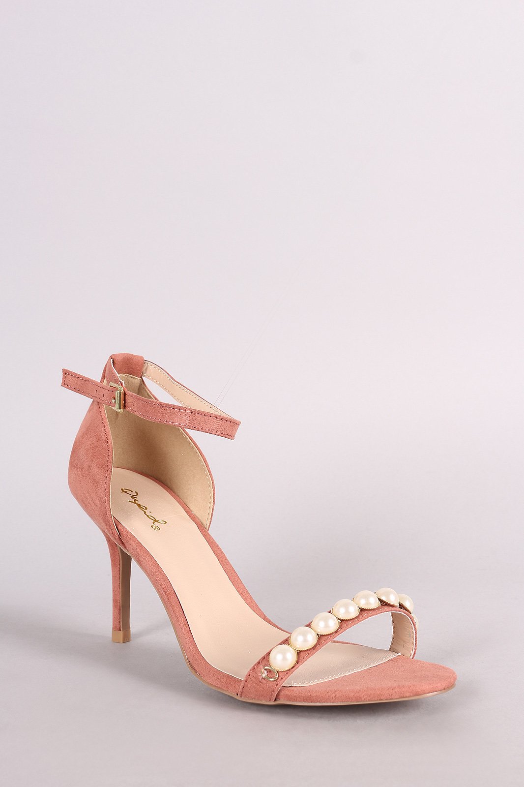 Qupid Suede Faux Pearl Accent Ankle Strap Dress Heel