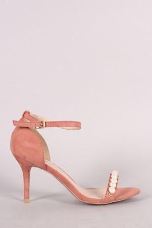 Qupid Suede Faux Pearl Accent Ankle Strap Dress Heel