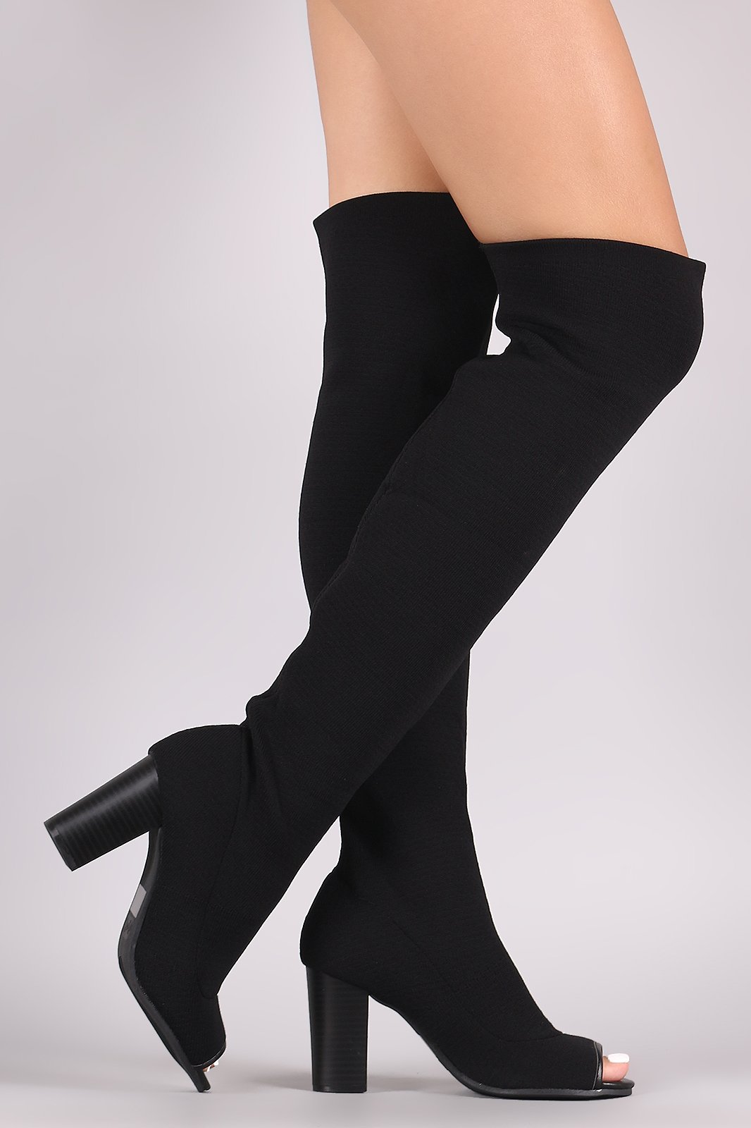 Qupid Stretchy Knit Peep Toe Chunky Heeled Over-The-Knee Boots