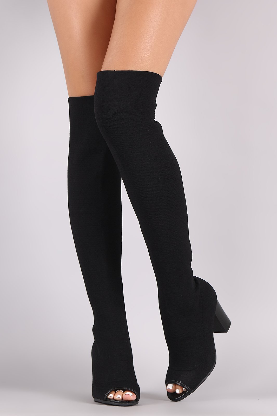 Qupid Stretchy Knit Peep Toe Chunky Heeled Over-The-Knee Boots