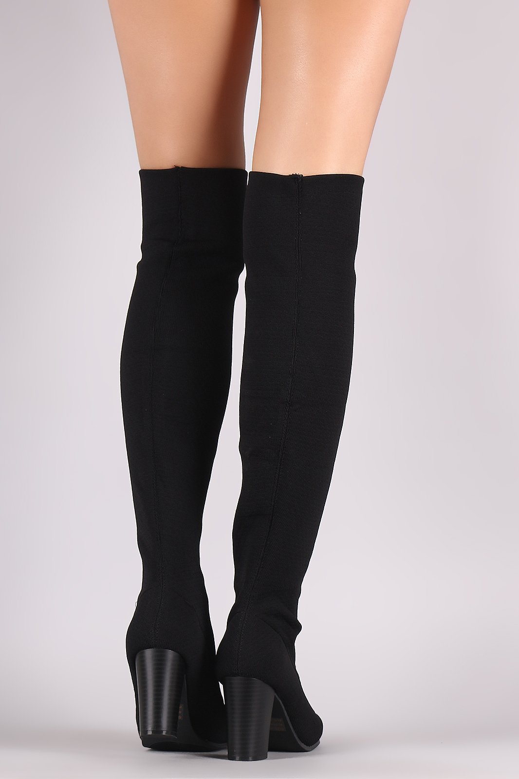 Qupid Stretchy Knit Peep Toe Chunky Heeled Over-The-Knee Boots