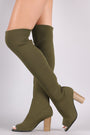 Qupid Stretchy Knit Peep Toe Chunky Heeled Over-The-Knee Boots