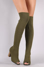 Qupid Stretchy Knit Peep Toe Chunky Heeled Over-The-Knee Boots