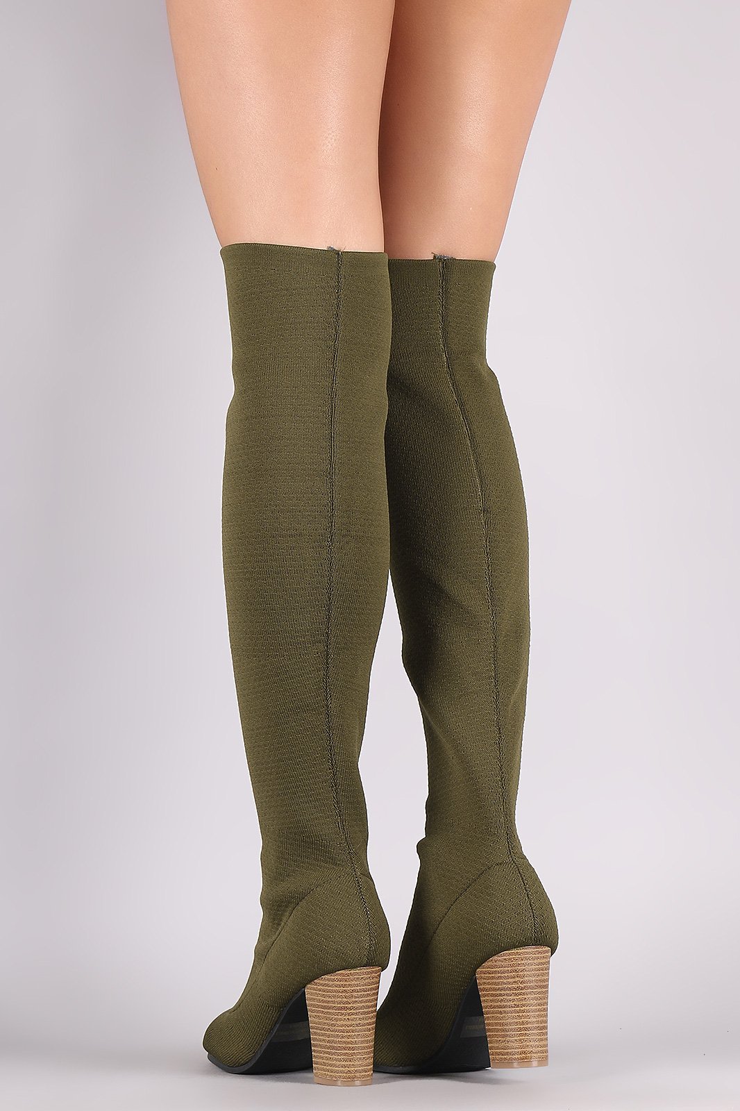 Qupid Stretchy Knit Peep Toe Chunky Heeled Over-The-Knee Boots