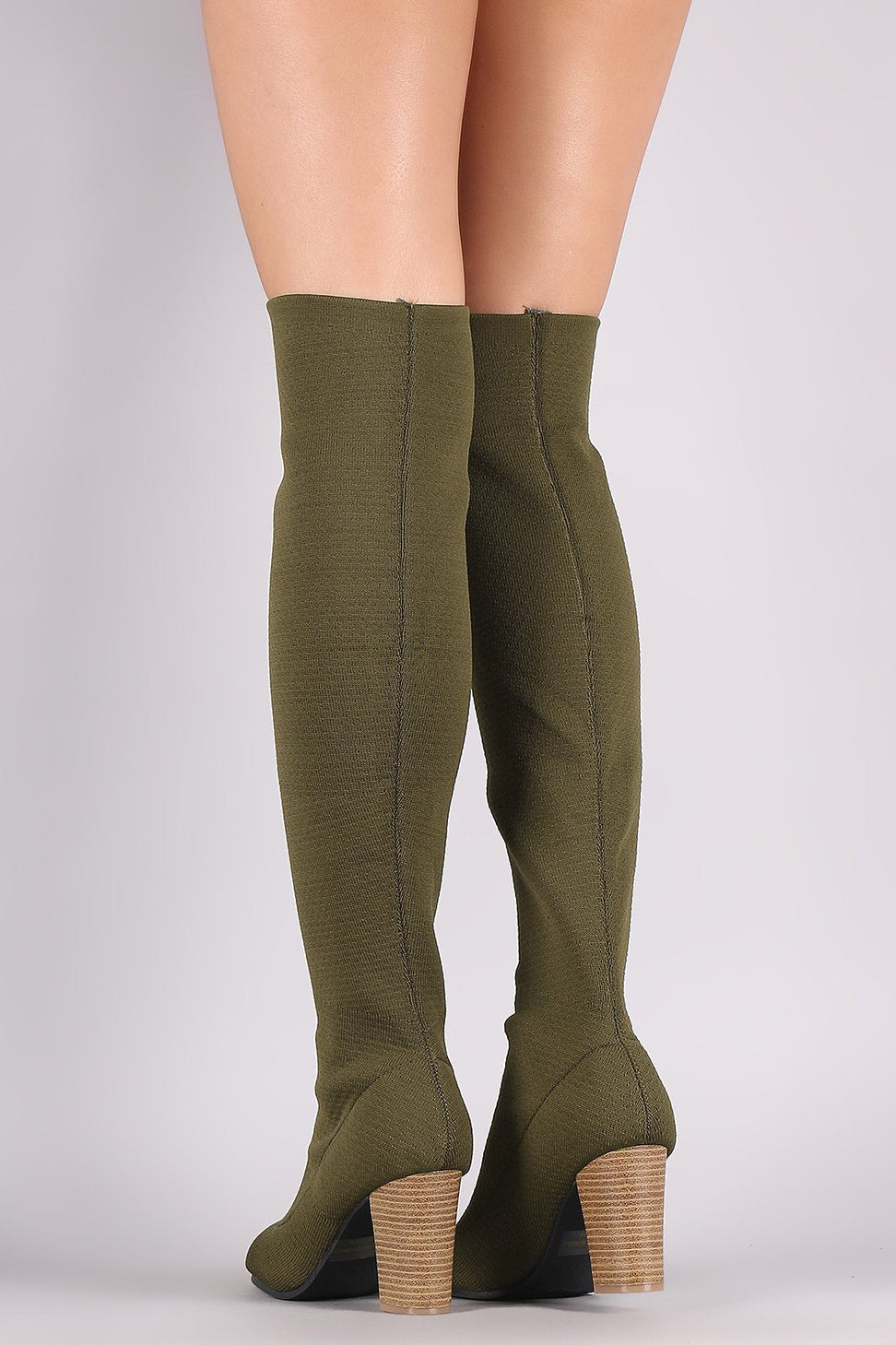 Qupid Stretchy Knit Peep Toe Chunky Heeled Over-The-Knee Boots