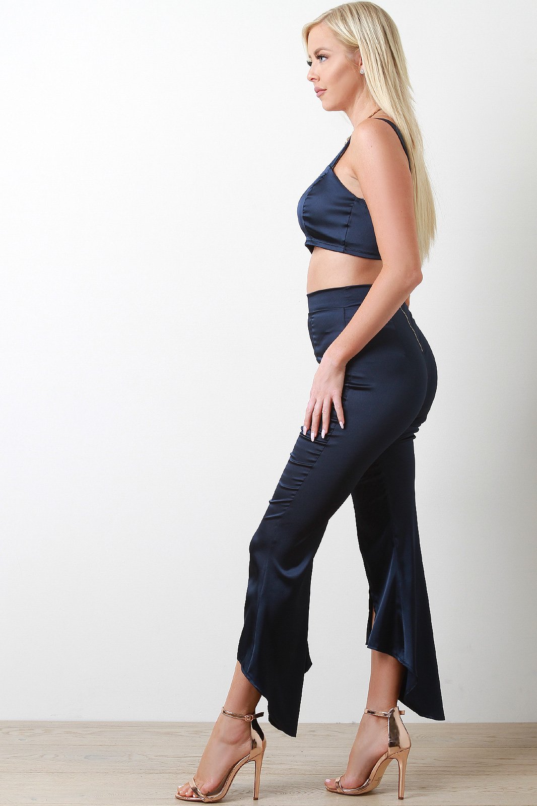 Charmeuse Flare Ruffle Pants With Crop Top Set