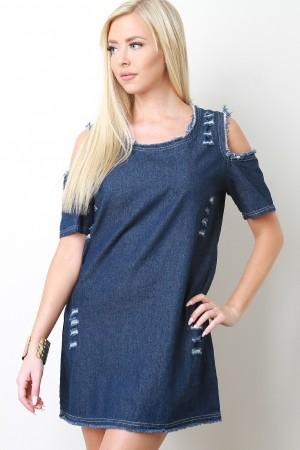 Denim Jeans Cold Shoulder Shift Mini Dress