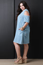 Frayed Denim Cold Shoulder Shift Dress - NoveltyOne